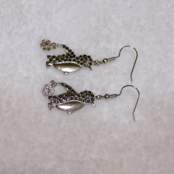 NEW Silver Penguin Dangle Earrings Black & Crystal Rhinestones - Picture 7 of 9